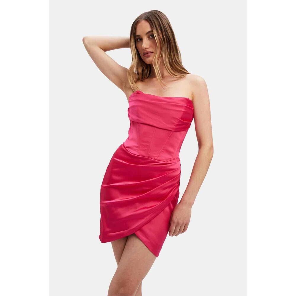 NWT Bardot Womens Pink Strapless Satin Mini Dress With Side Slit Size 6 - Picture 2 of 4